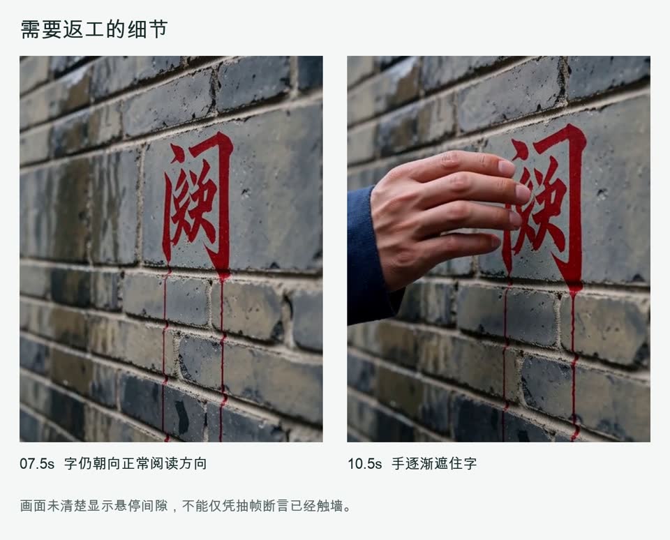 实际样片中墙面文字朝向与手部遮挡的细节