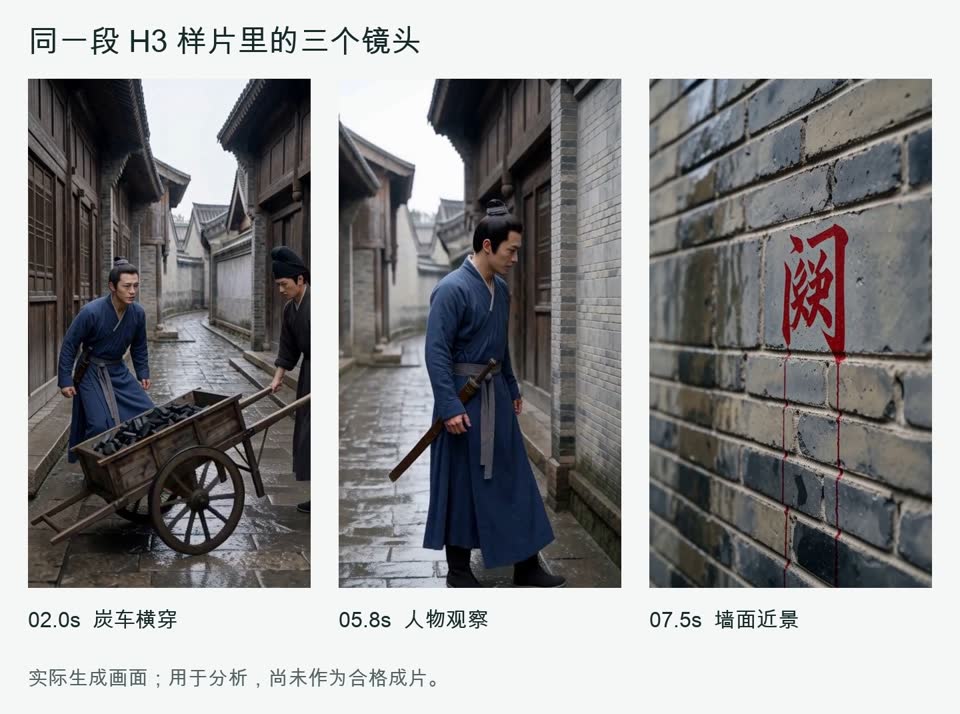 H3实际样片中的炭车横穿、人物观察和墙面近景
